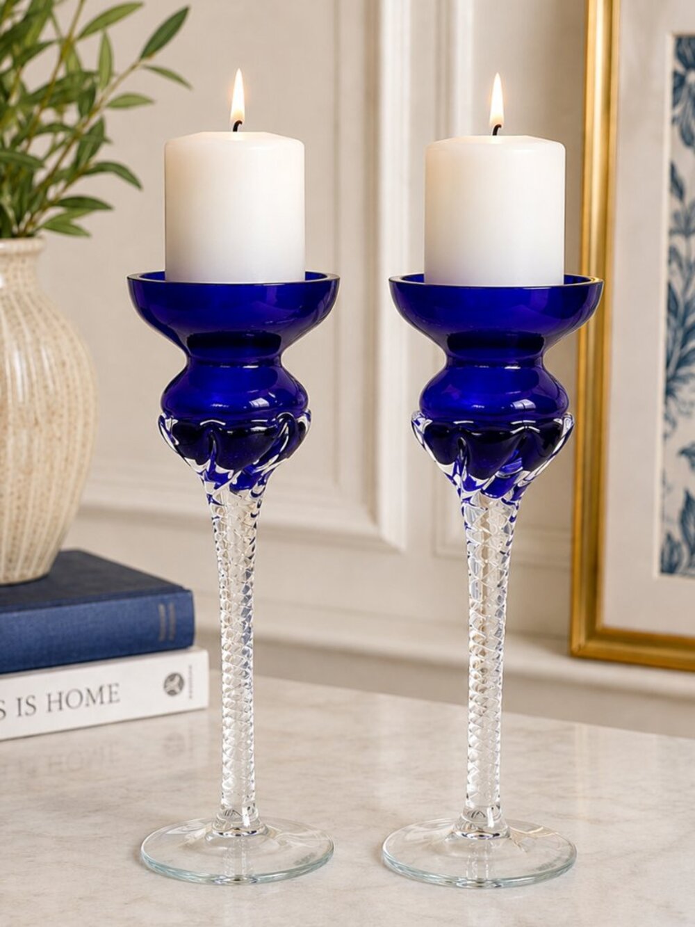 Vintage Romanian Hand Blown Art Glass Cobalt Blue Twist Stem Candle Holders Pair